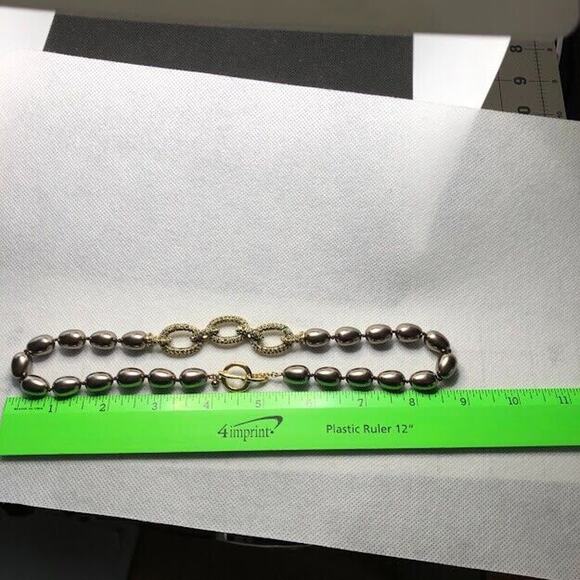 Monet Faux Pearl Necklace Taupe Brown Rhinestone Covered Links Vtg Runway Collar - Picture 10 of 12